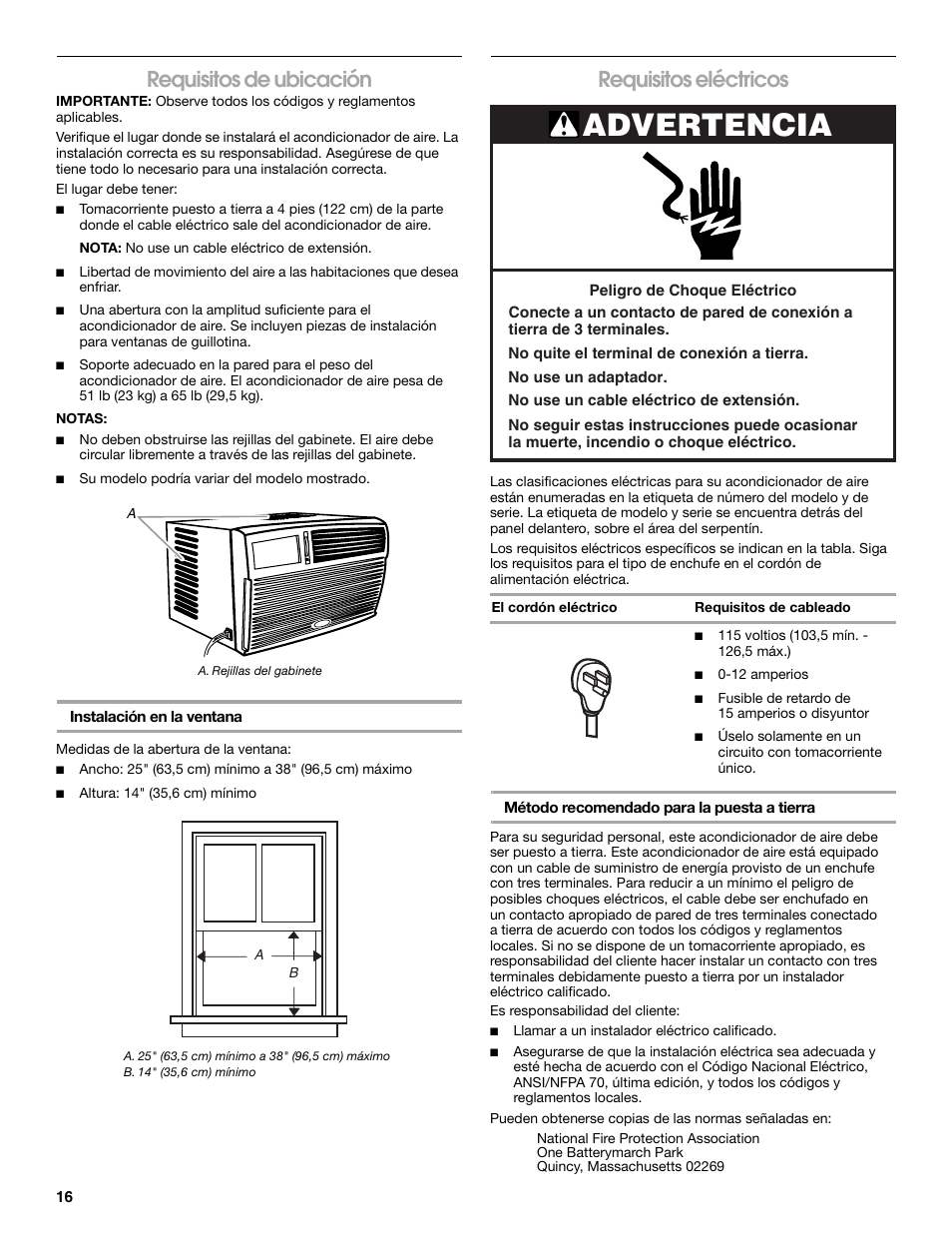 Advertencia, Requisitos de ubicación, Requisitos eléctricos | FRIGIDAIRE 66121330 User Manual | Page 16 / 40