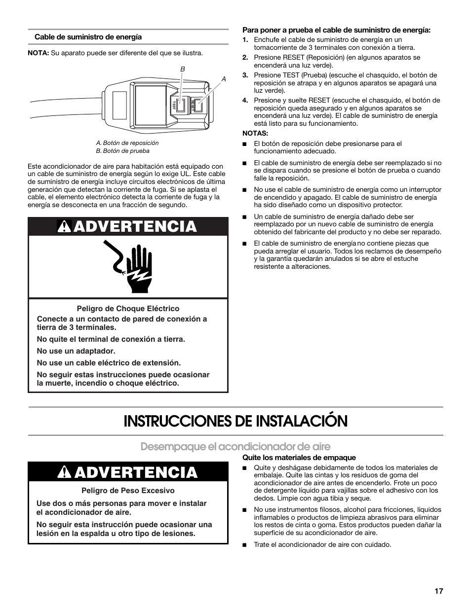 Instrucciones de instalación, Advertencia, Desempaque el acondicionador de aire | FRIGIDAIRE 66121330 User Manual | Page 17 / 40