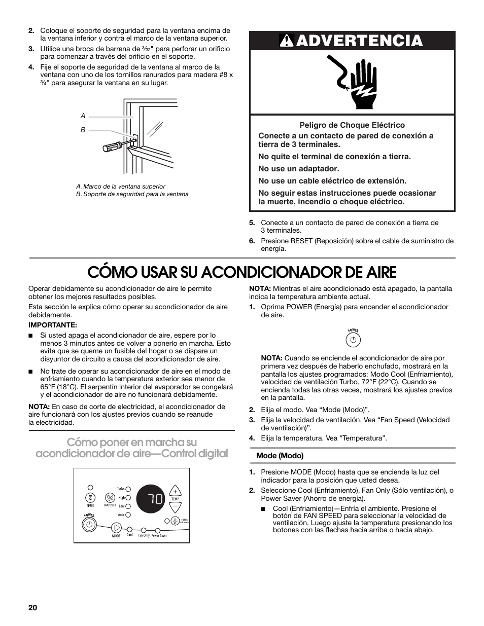 Cómo usar su acondicionador de aire, Advertencia | FRIGIDAIRE 66121330 User Manual | Page 20 / 40