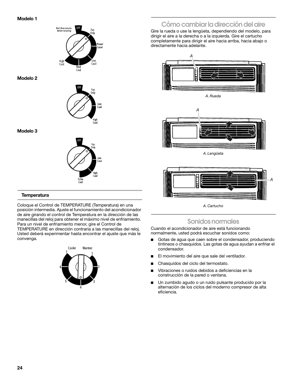 Cómo cambiar la dirección del aire, Sonidos normales | FRIGIDAIRE 66121330 User Manual | Page 24 / 40