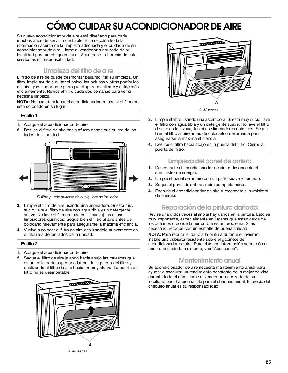 Cómo cuidar su acondicionador de aire, Limpieza del filtro de aire, Limpieza del panel delantero | Reparación de la pintura dañada, Mantenimiento anual | FRIGIDAIRE 66121330 User Manual | Page 25 / 40