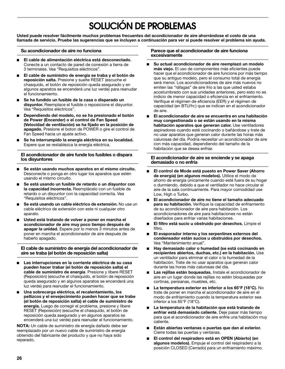 Solución de problemas | FRIGIDAIRE 66121330 User Manual | Page 26 / 40