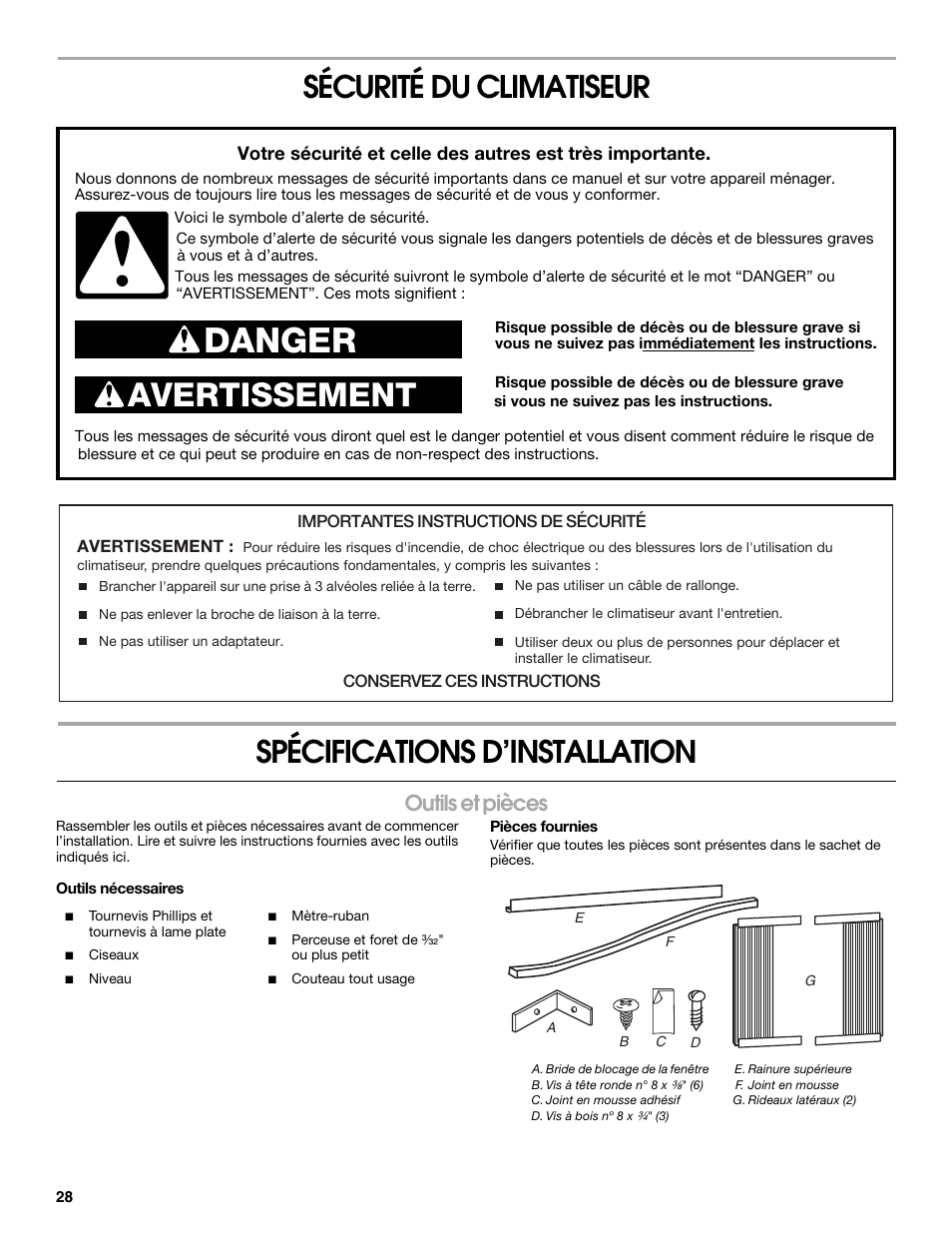 Danger, Avertissement, Sécurité du climatiseur | Spécifications d’installation, Outils et pièces | FRIGIDAIRE 66121330 User Manual | Page 28 / 40