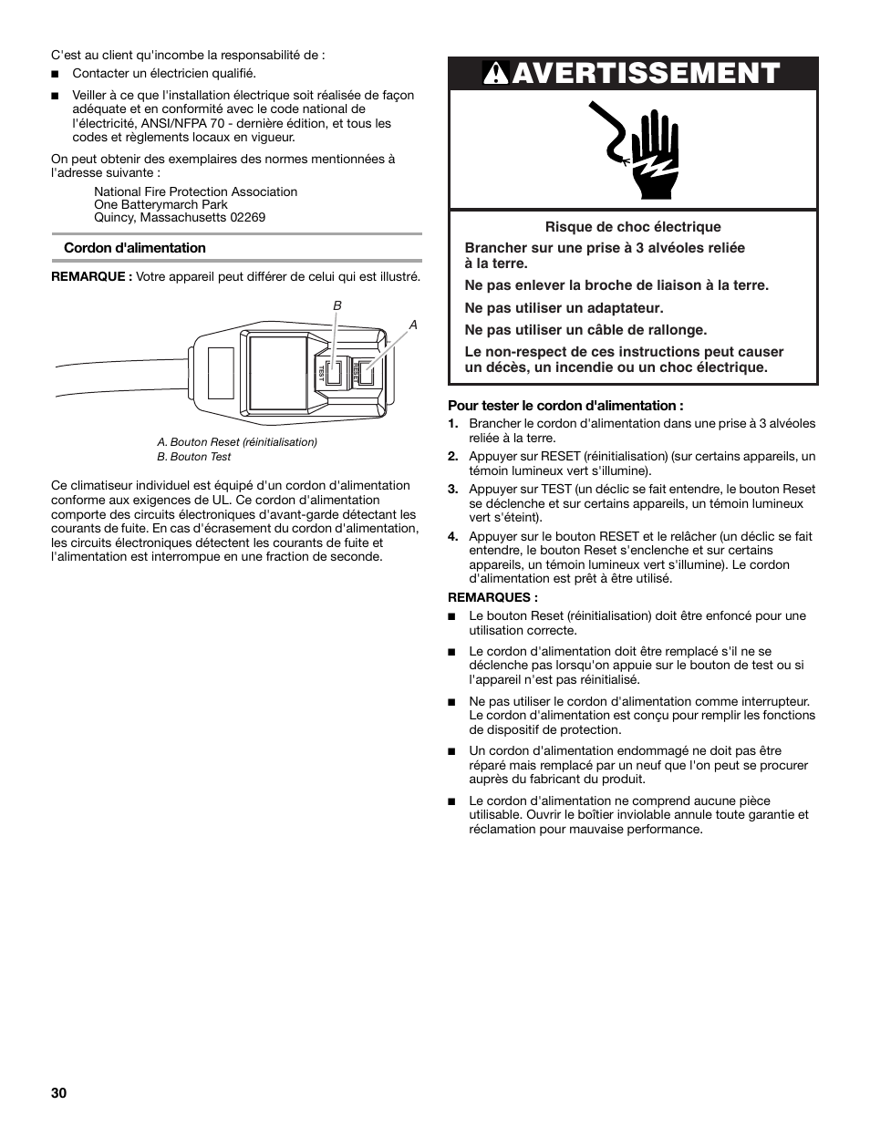 Avertissement | FRIGIDAIRE 66121330 User Manual | Page 30 / 40