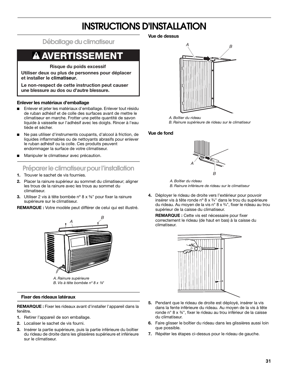 Instructions d'installation, Avertissement, Déballage du climatiseur | Préparer le climatiseur pour l’installation | FRIGIDAIRE 66121330 User Manual | Page 31 / 40