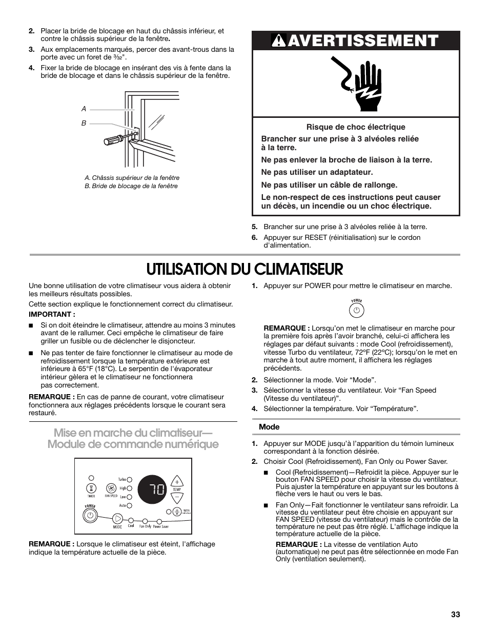 Utilisation du climatiseur, Avertissement | FRIGIDAIRE 66121330 User Manual | Page 33 / 40