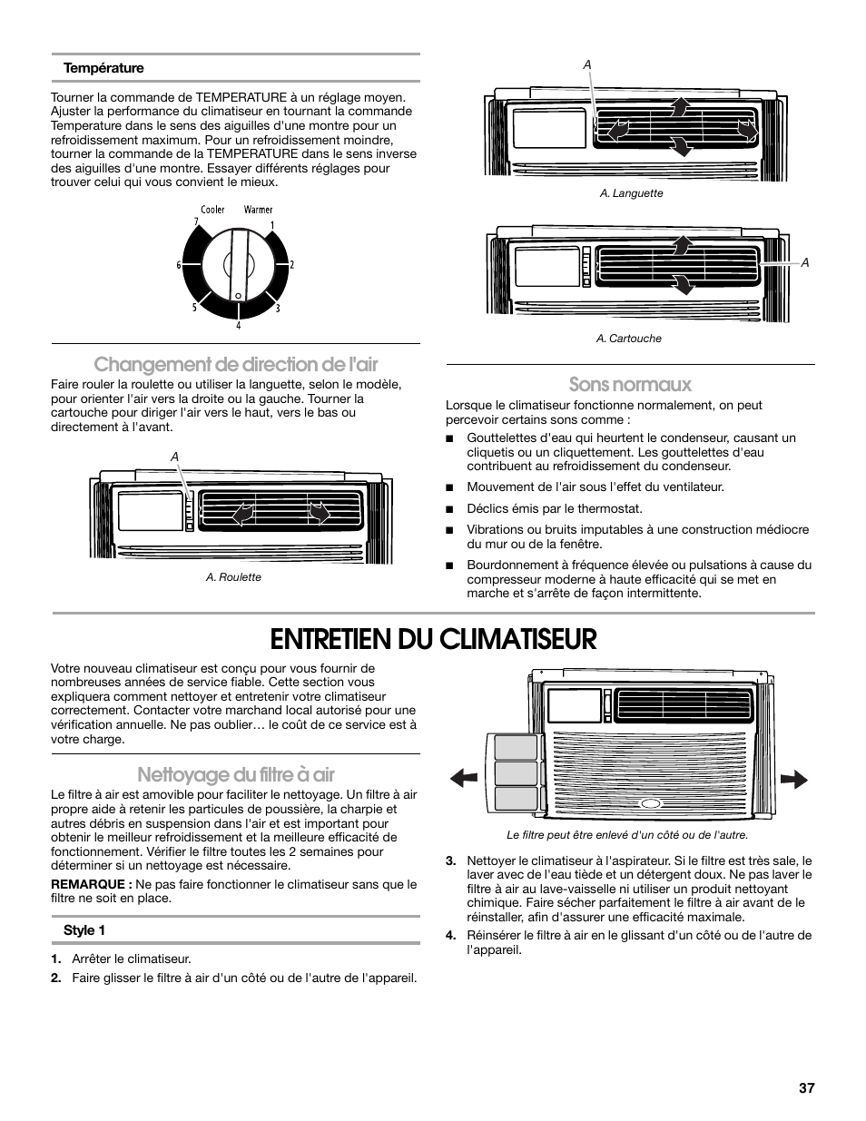 Entretien du climatiseur, Changement de direction de l'air, Sons normaux | Nettoyage du filtre à air | FRIGIDAIRE 66121330 User Manual | Page 37 / 40