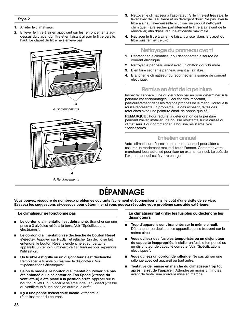 Dépannage, Nettoyage du panneau avant, Remise en état de la peinture | Entretien annuel | FRIGIDAIRE 66121330 User Manual | Page 38 / 40