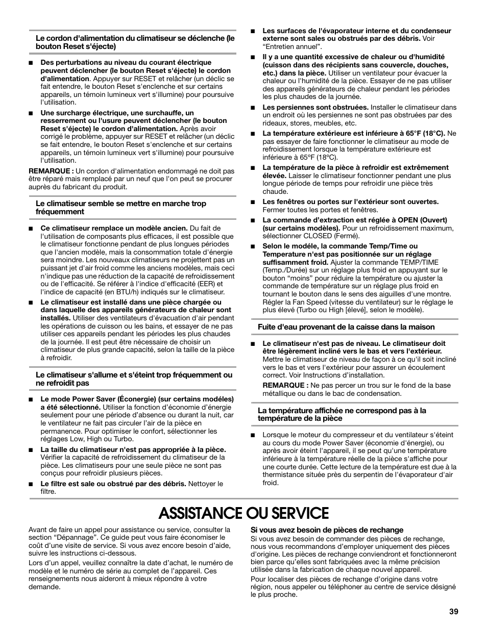 Assistance ou service | FRIGIDAIRE 66121330 User Manual | Page 39 / 40