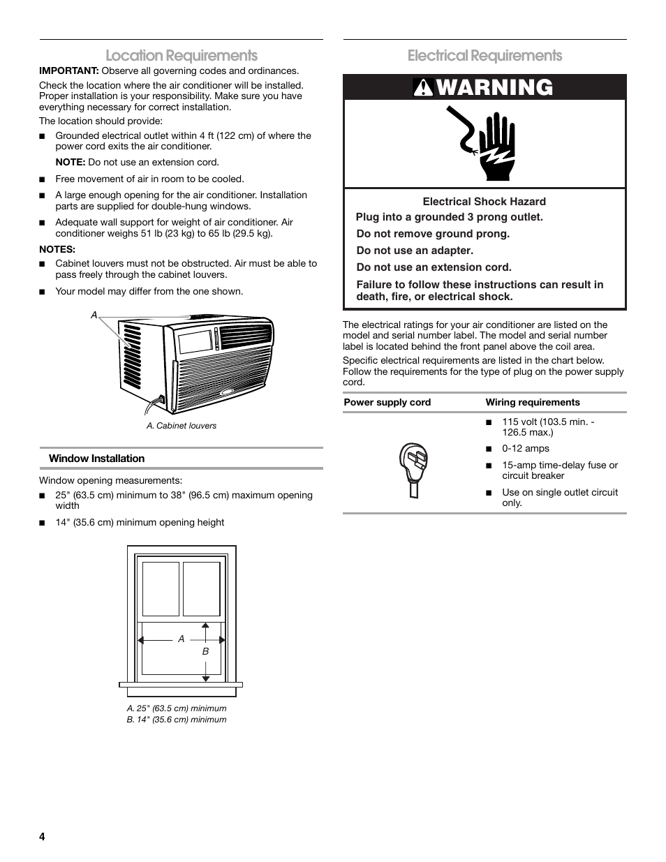 Warning, Location requirements, Electrical requirements | FRIGIDAIRE 66121330 User Manual | Page 4 / 40