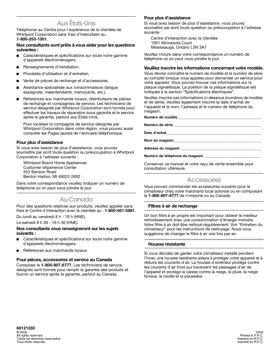 Aux états-unis, Au canada, Accessoires | FRIGIDAIRE 66121330 User Manual | Page 40 / 40