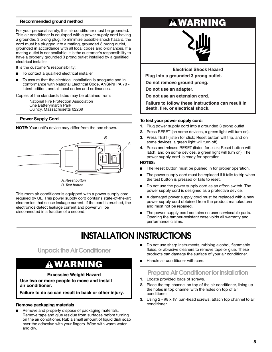 Installation instructions, Warning, Unpack the air conditioner | Prepare air conditioner for installation | FRIGIDAIRE 66121330 User Manual | Page 5 / 40