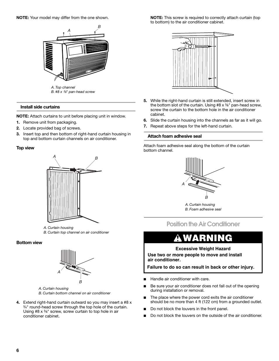 Warning, Position the air conditioner | FRIGIDAIRE 66121330 User Manual | Page 6 / 40