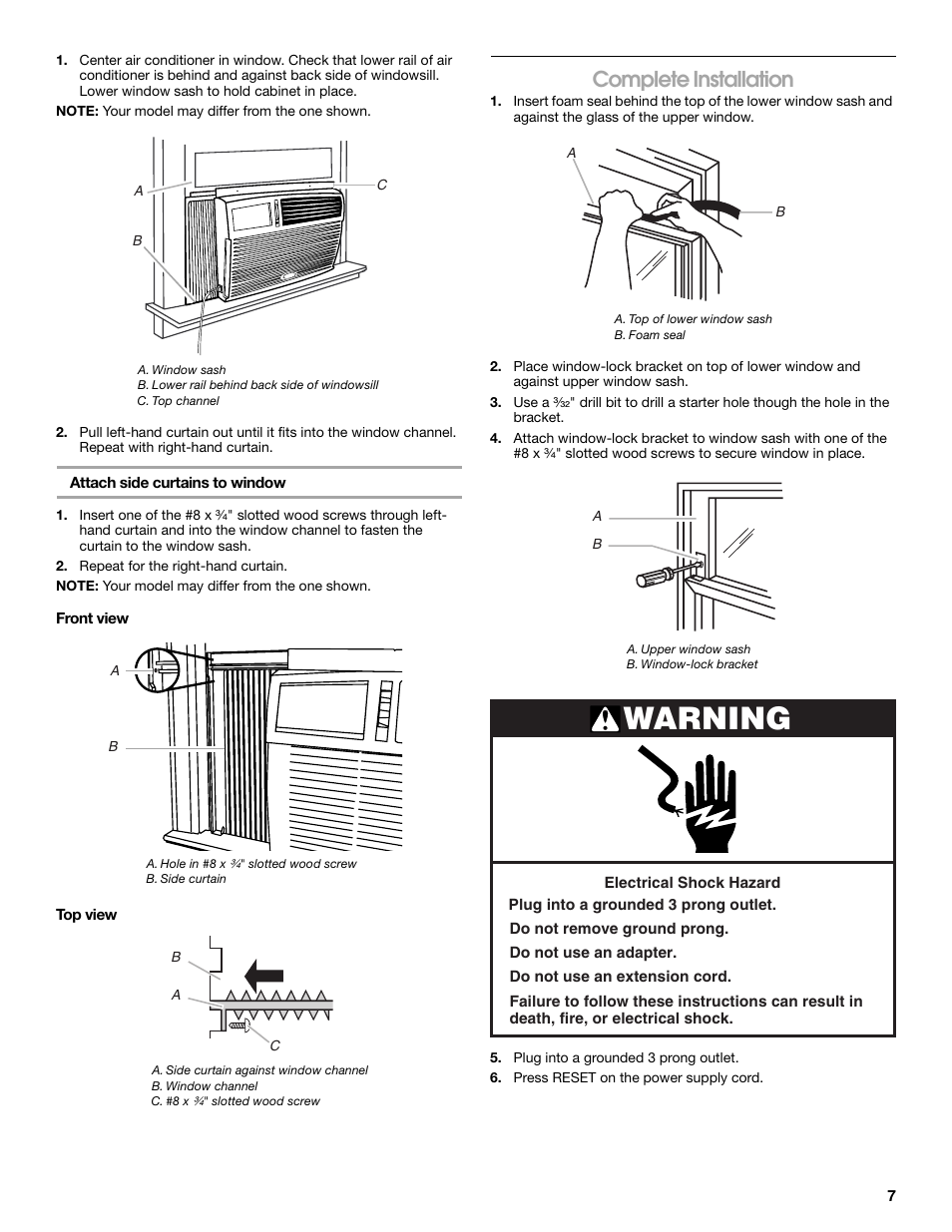 Warning, Complete installation | FRIGIDAIRE 66121330 User Manual | Page 7 / 40