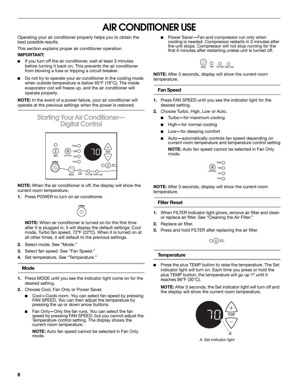 Air conditioner use, Starting your air conditioner— digital control | FRIGIDAIRE 66121330 User Manual | Page 8 / 40