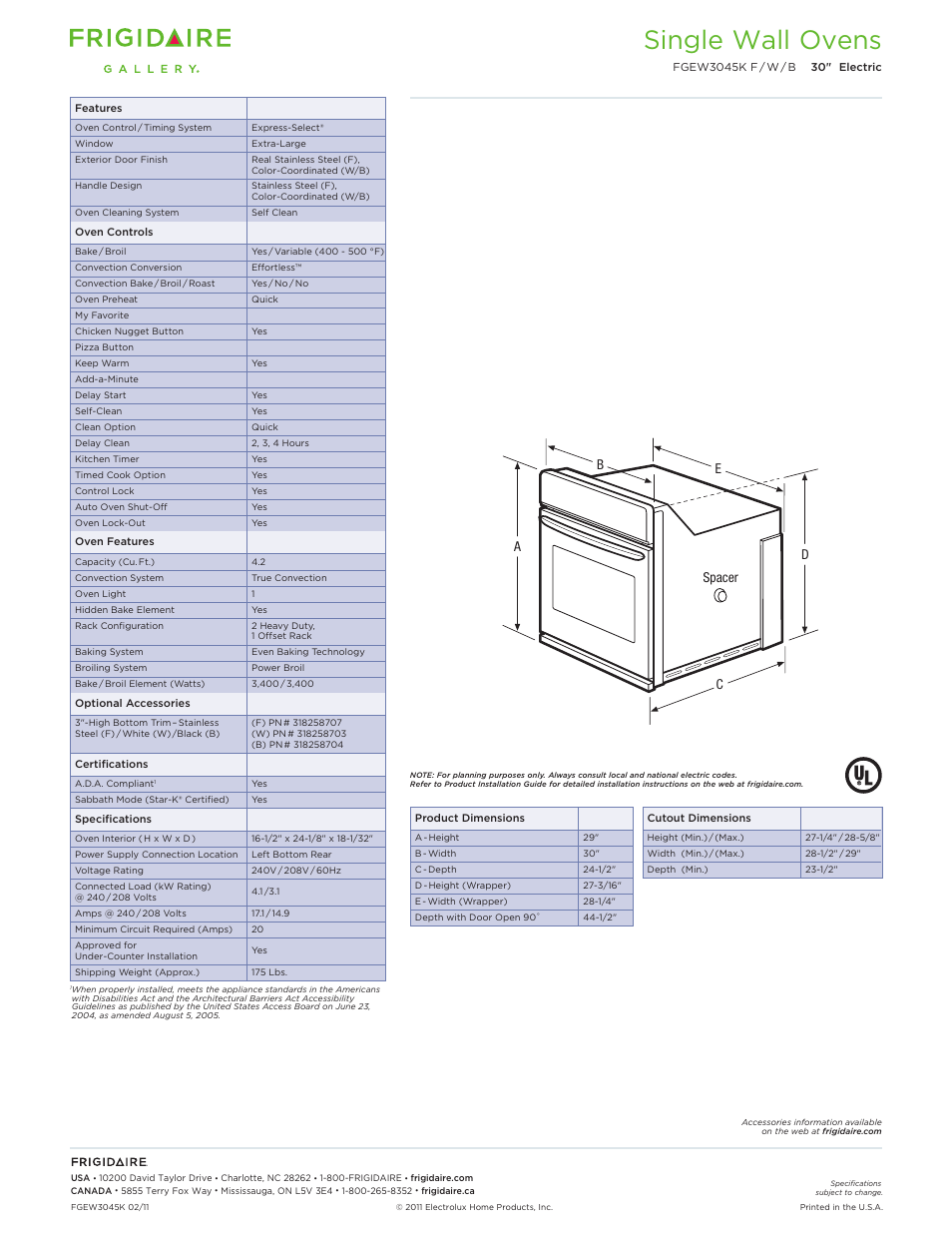 Single electric wall ovens frigidaire baseline, Single wall ovens | FRIGIDAIRE FGEW3045K F/W/B User Manual | Page 2 / 9