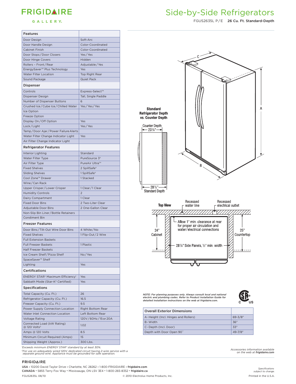 Side-by-side refrigerators | FRIGIDAIRE FGUS2635L P/E User Manual | Page 2 / 2