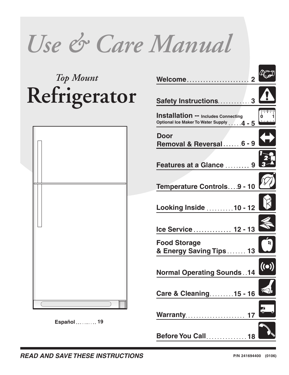 FRIGIDAIRE Top Mount Refrigerator 241694400 User Manual | 18 pages