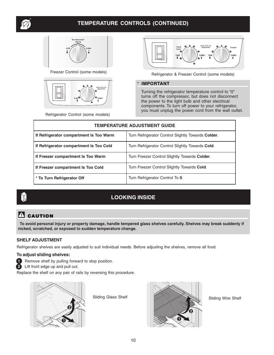 Temperature controls (continued), Looking inside | FRIGIDAIRE Top Mount Refrigerator 241694400 User Manual | Page 10 / 18