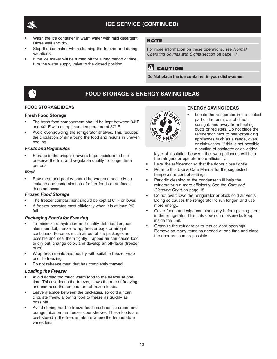 Ice service (continued), Food storage & energy saving ideas | FRIGIDAIRE Top Mount Refrigerator 241694400 User Manual | Page 13 / 18