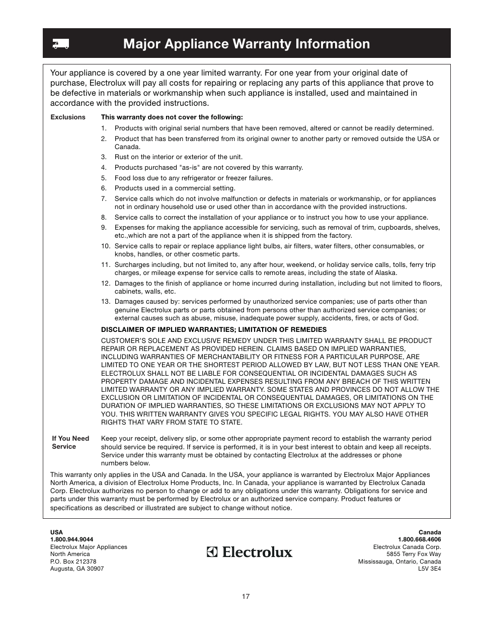 Major appliance warranty information | FRIGIDAIRE Top Mount Refrigerator 241694400 User Manual | Page 17 / 18