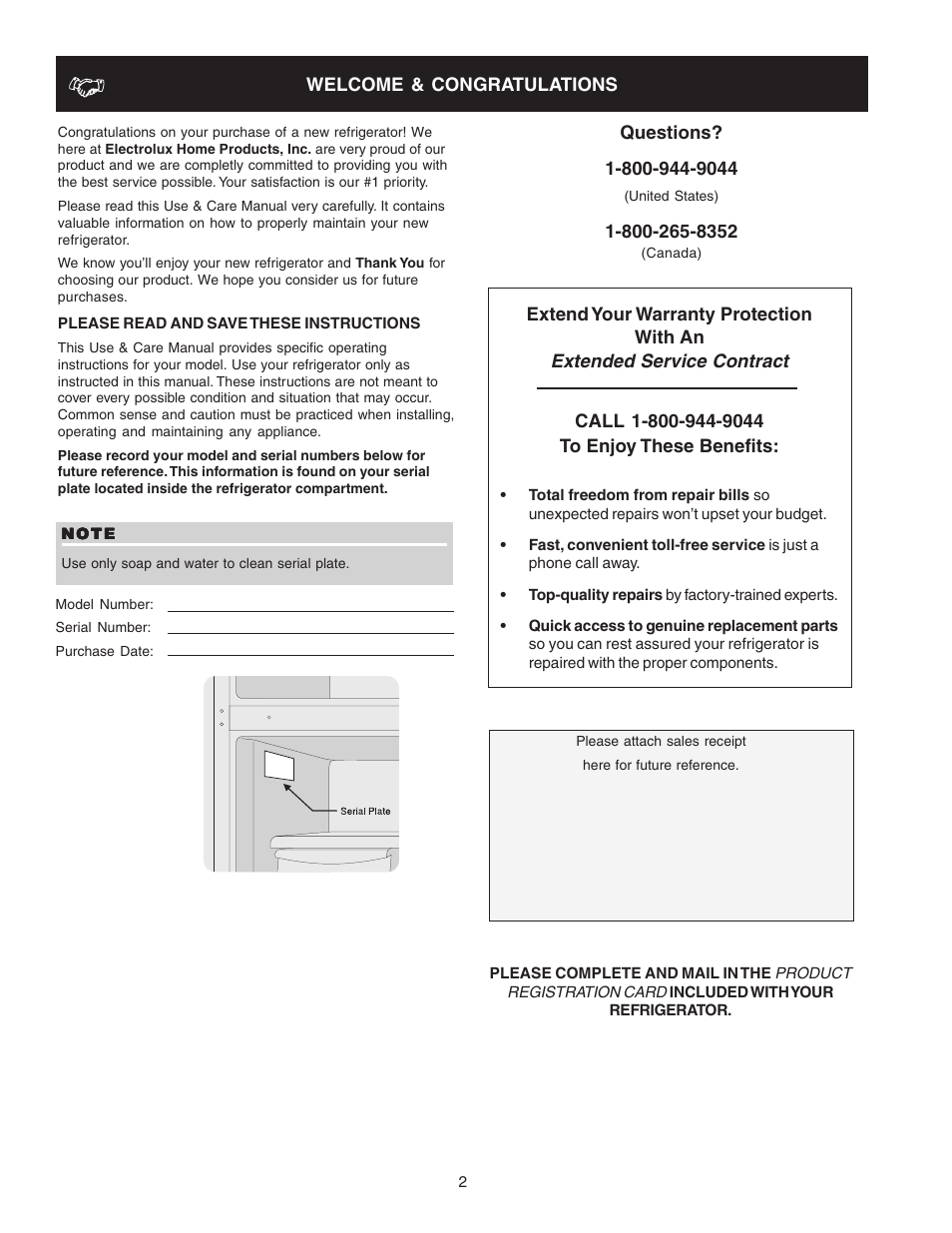 Extended service contract | FRIGIDAIRE Top Mount Refrigerator 241694400 User Manual | Page 2 / 18