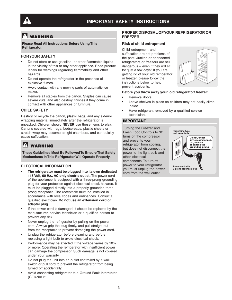 Important safety instructions | FRIGIDAIRE Top Mount Refrigerator 241694400 User Manual | Page 3 / 18