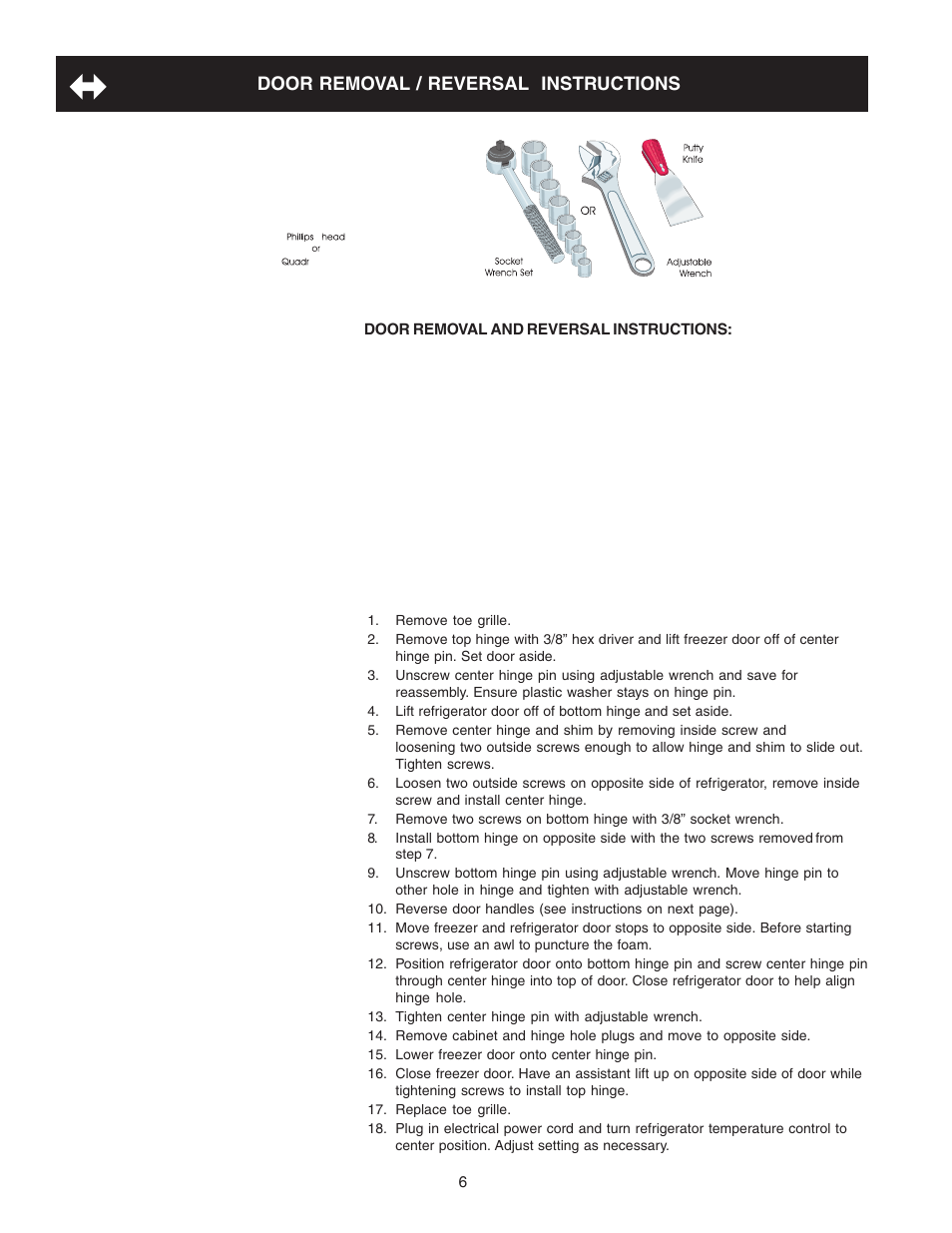 Door removal / reversal instructions | FRIGIDAIRE Top Mount Refrigerator 241694400 User Manual | Page 6 / 18