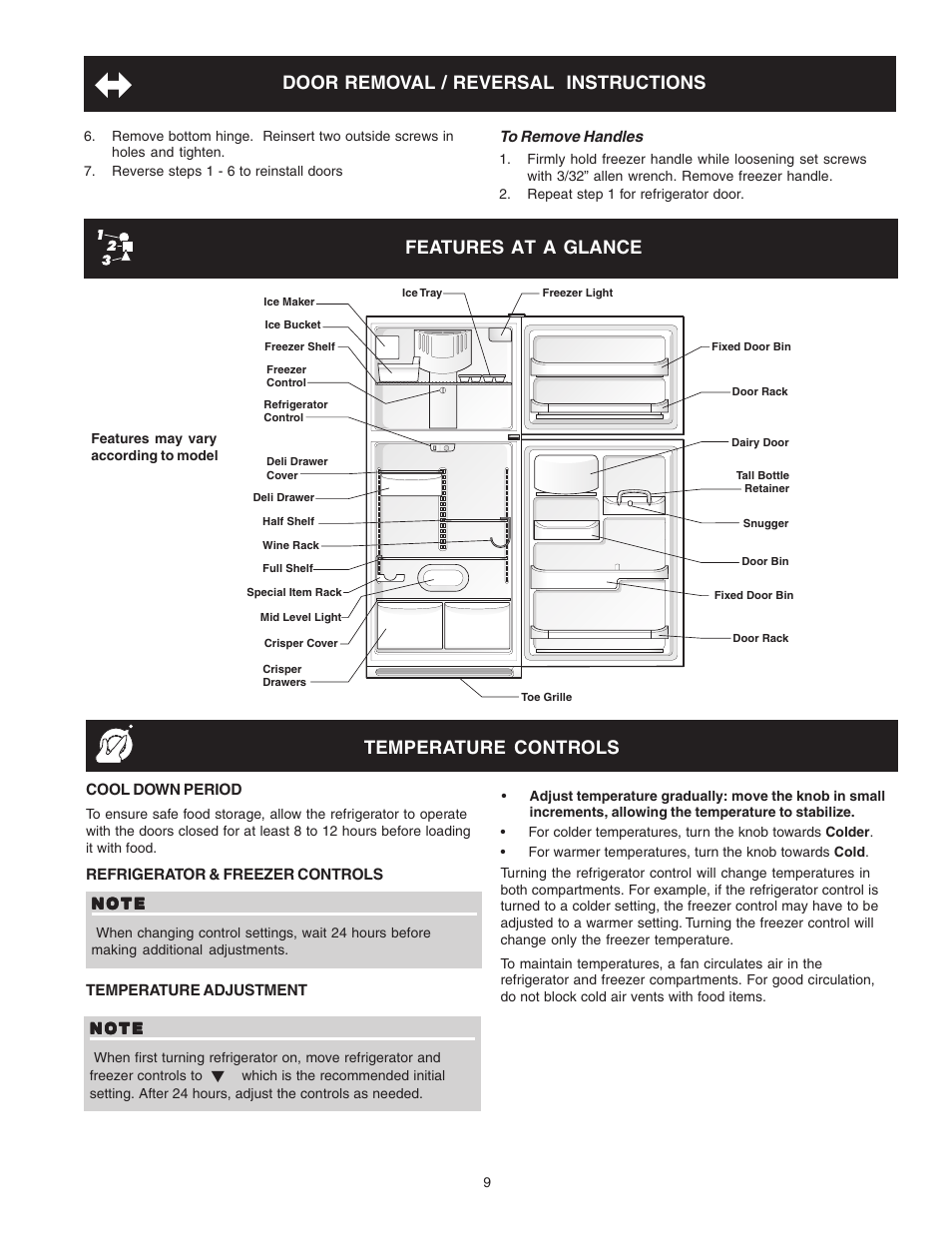 Door removal / reversal instructions, Features at a glance, Temperature controls | FRIGIDAIRE Top Mount Refrigerator 241694400 User Manual | Page 9 / 18