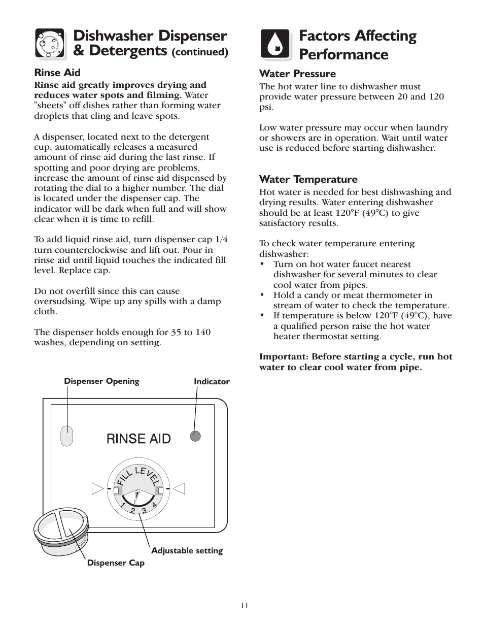 Dishwasher dispenser & detergents, Factors affecting performance | FRIGIDAIRE 800 Series User Manual | Page 11 / 16