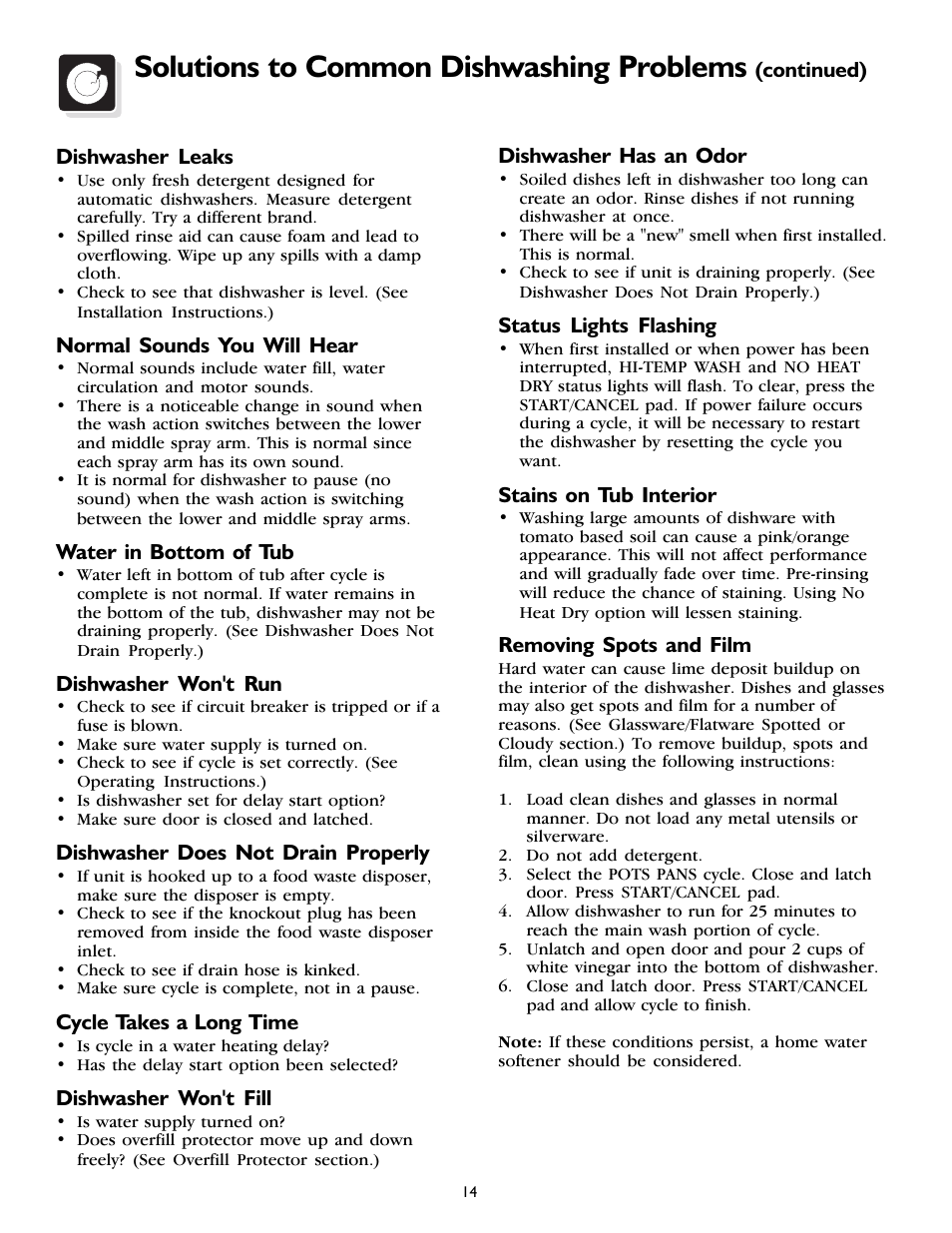 Solutions to common dishwashing problems | FRIGIDAIRE 800 Series User Manual | Page 14 / 16