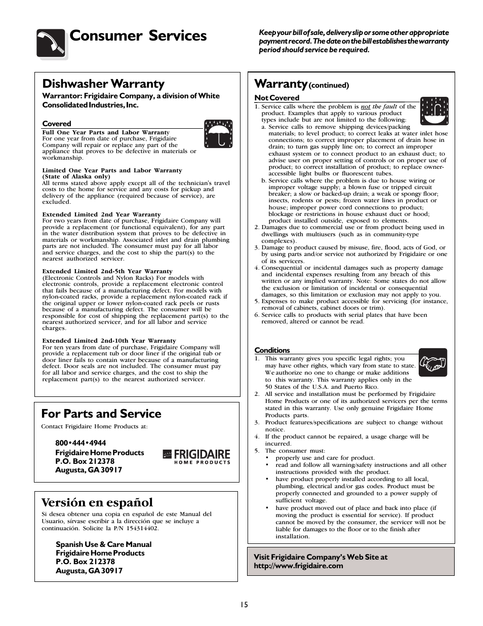 Consumer services, Versión en español, For parts and service | Dishwasher warranty, Warranty | FRIGIDAIRE 800 Series User Manual | Page 15 / 16