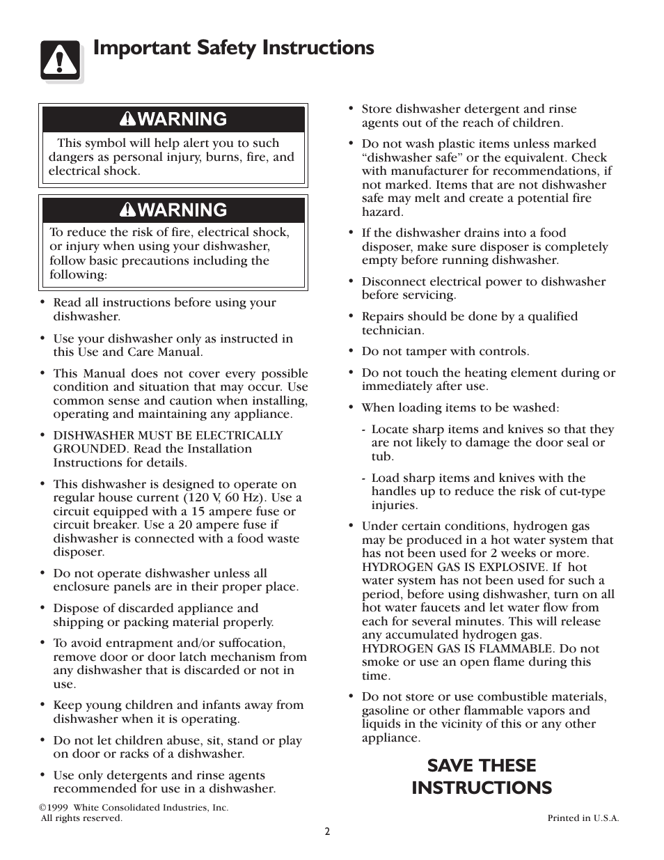 Important safety instructions, Save these instructions | FRIGIDAIRE 800 Series User Manual | Page 2 / 16