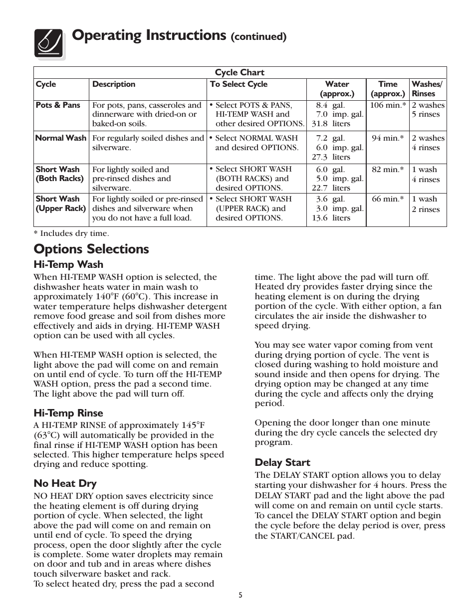 Operating instructions, Options selections | FRIGIDAIRE 800 Series User Manual | Page 5 / 16