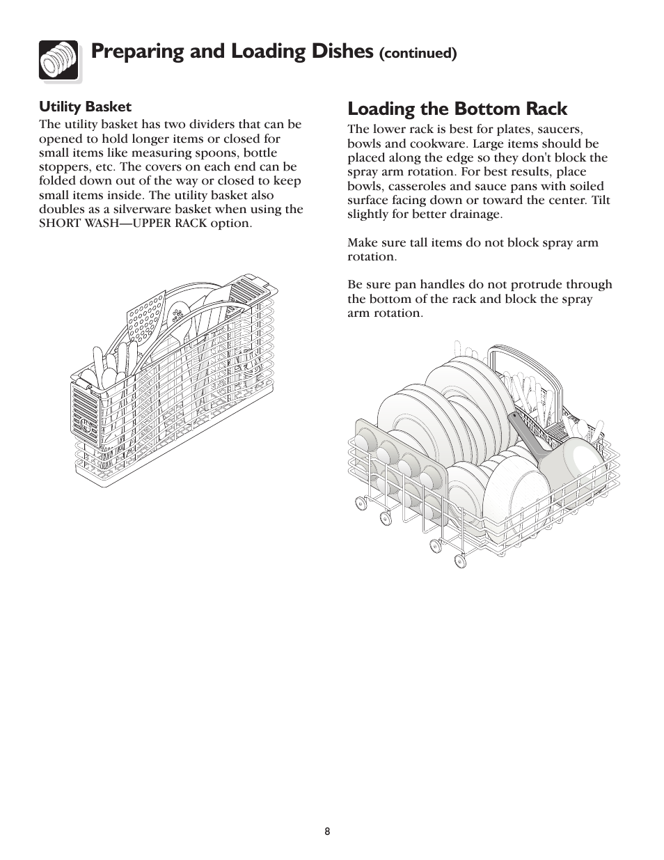 Preparing and loading dishes, Loading the bottom rack | FRIGIDAIRE 800 Series User Manual | Page 8 / 16