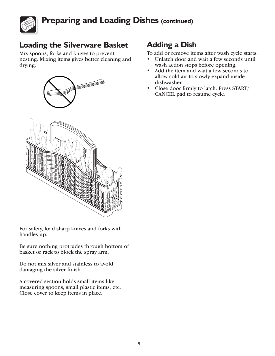 Preparing and loading dishes, Loading the silverware basket, Adding a dish | FRIGIDAIRE 800 Series User Manual | Page 9 / 16