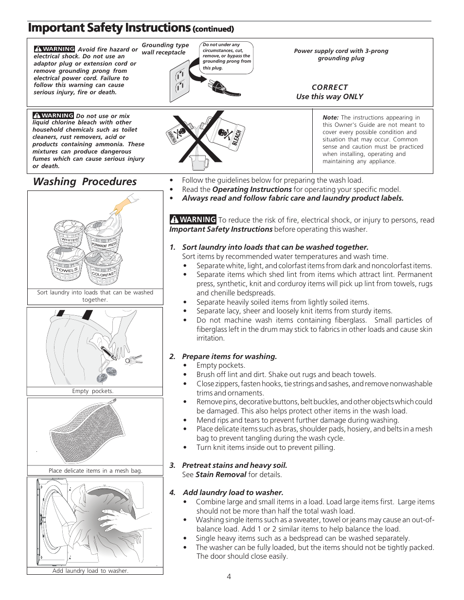 Important safety instructions, Washing procedures | FRIGIDAIRE 134849000 User Manual | Page 4 / 11