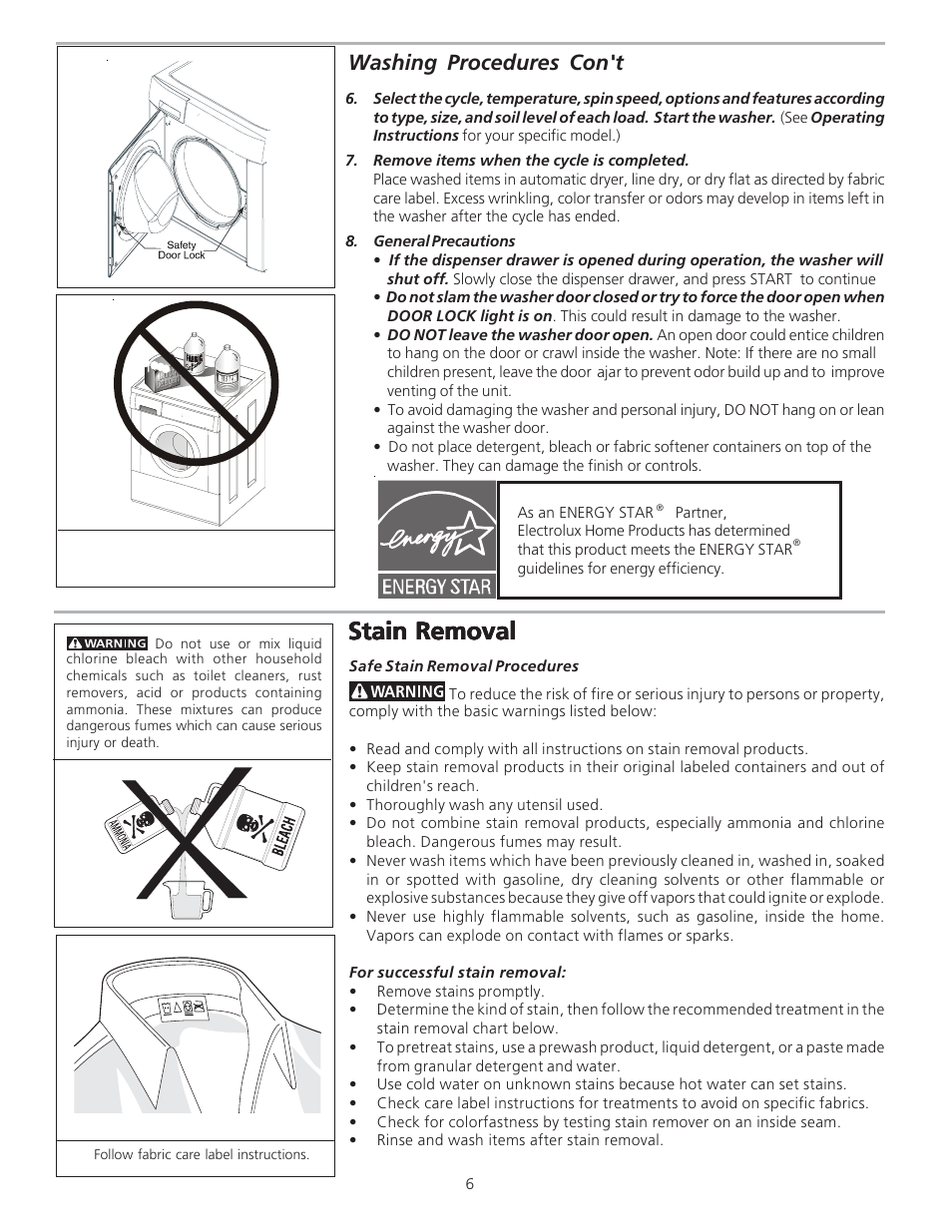 Stain removal, Washing procedures con't | FRIGIDAIRE 134849000 User Manual | Page 6 / 11