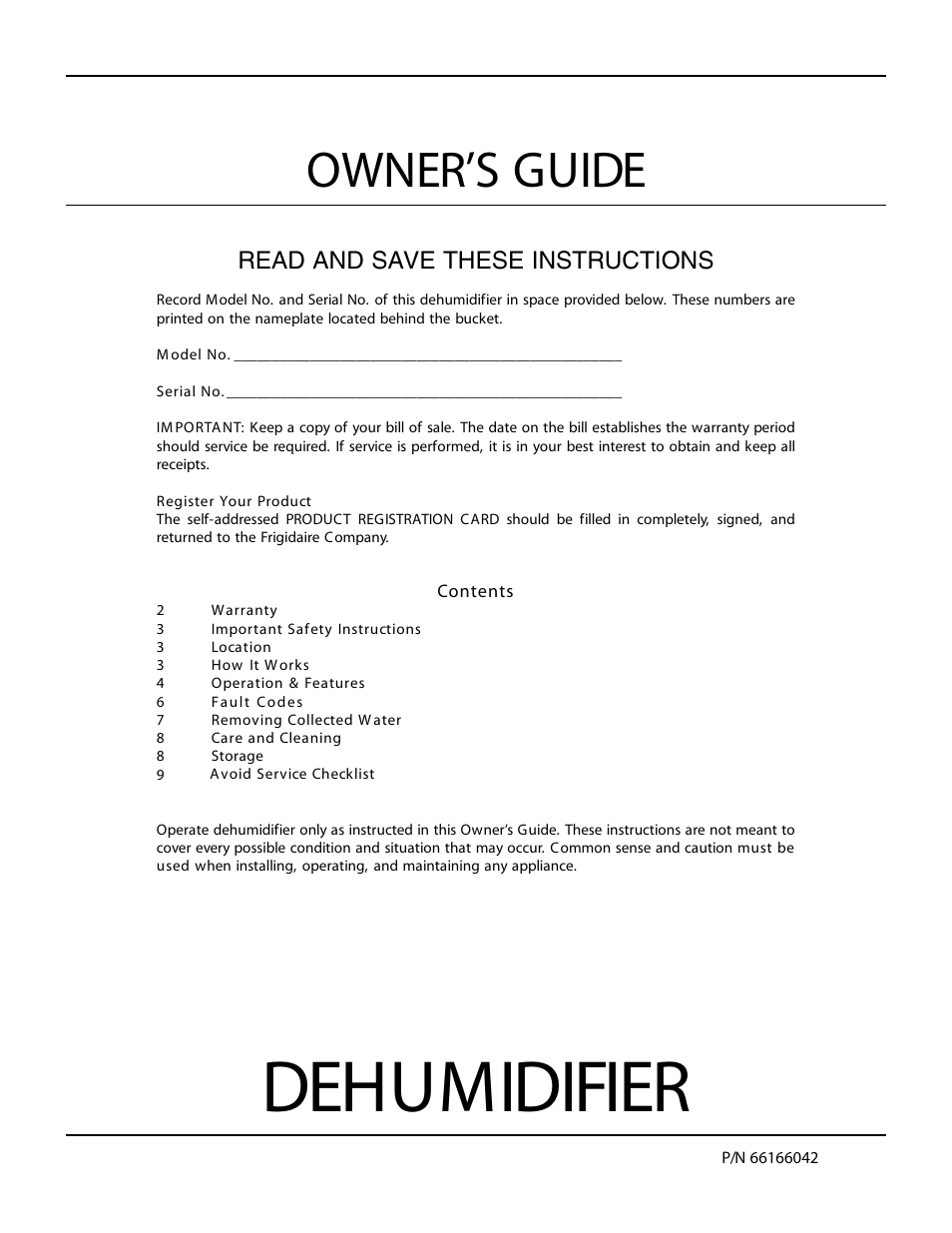 FRIGIDAIRE 66166042 User Manual | 9 pages