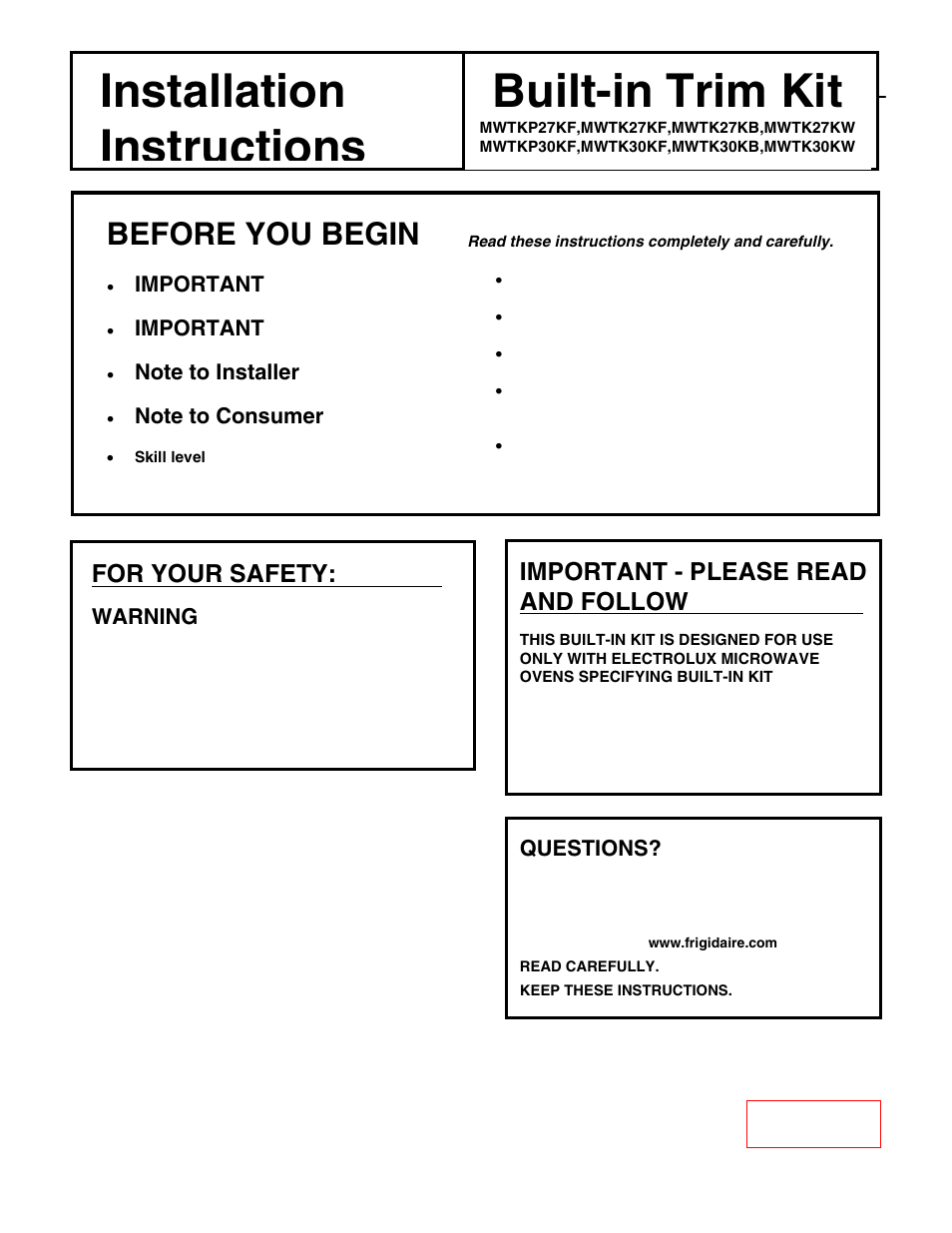 FRIGIDAIRE MWTK(P)30K User Manual | 4 pages