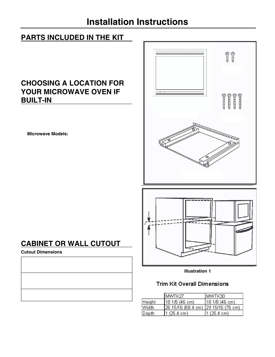 Installation instructions, Parts included in the kit, Cabinet or wall cutout | FRIGIDAIRE MWTK(P)30K User Manual | Page 2 / 4