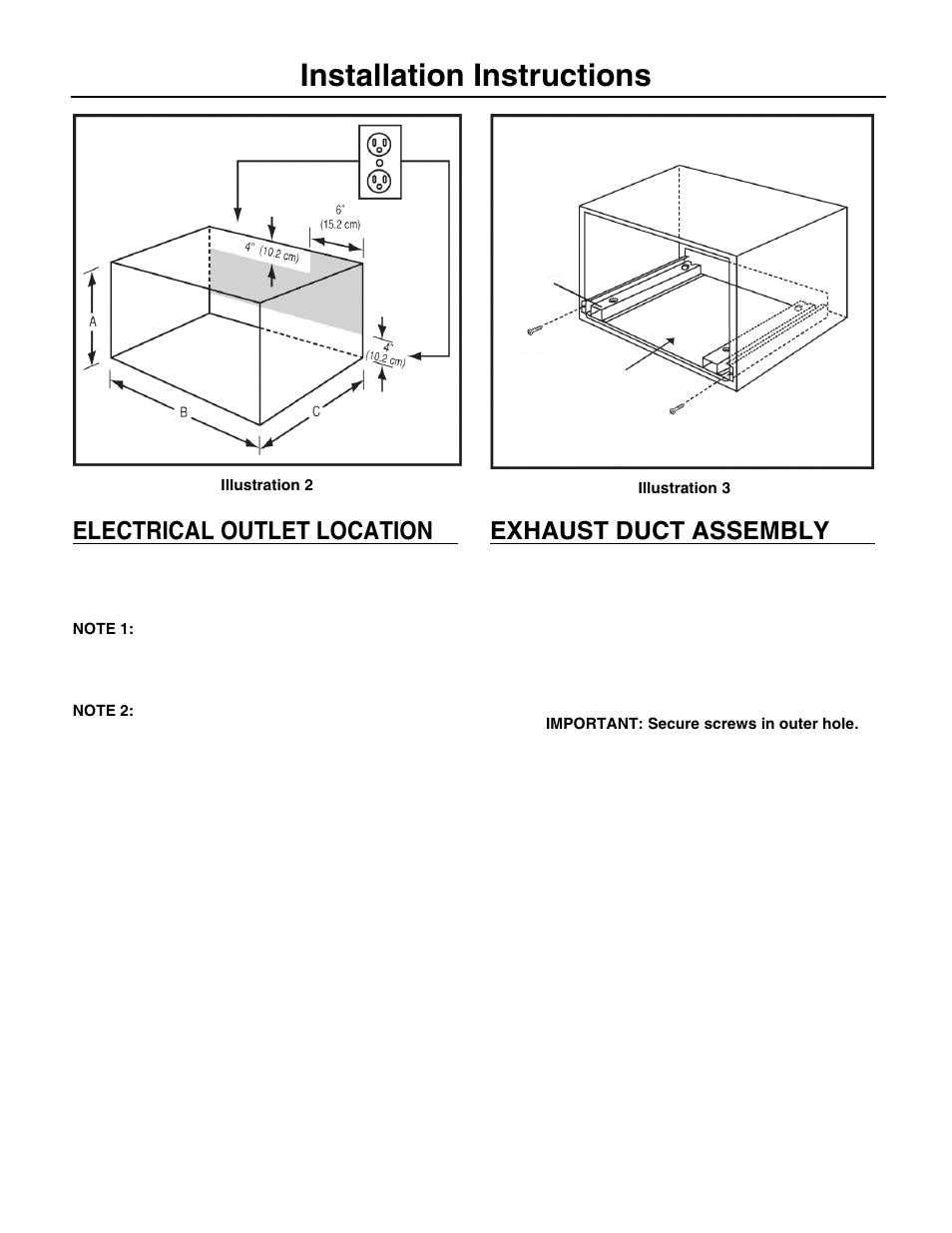 Installation instructions, Electrical outlet location, Exhaust duct assembly | FRIGIDAIRE MWTK(P)30K User Manual | Page 3 / 4