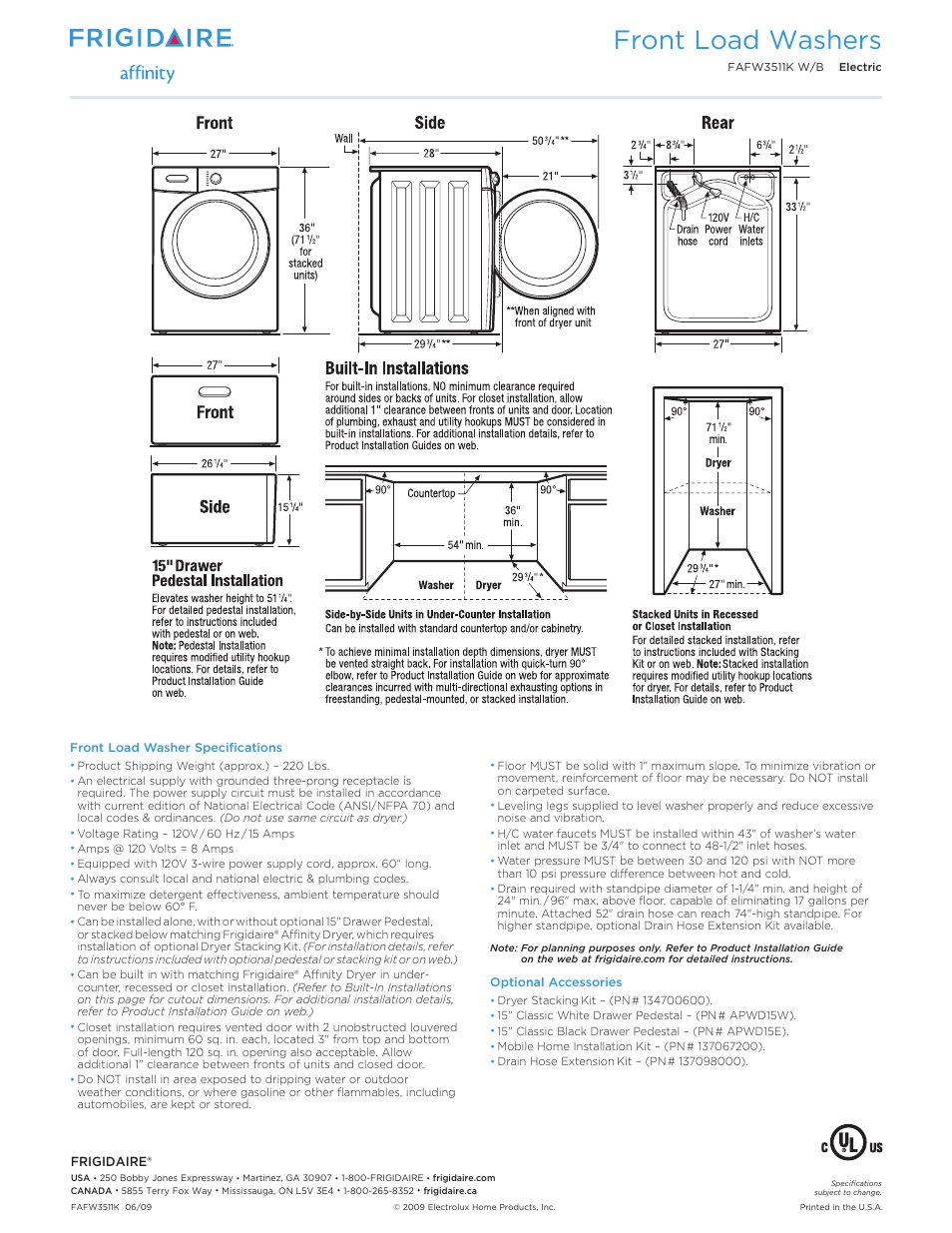 Front load laundry - washer frigidaire affinity, Front load washers | FRIGIDAIRE FAFW3511KB User Manual | Page 2 / 2