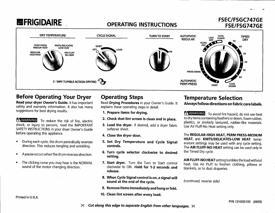 FRIGIDAIRE FSEC/FSGC747GE User Manual | 6 pages