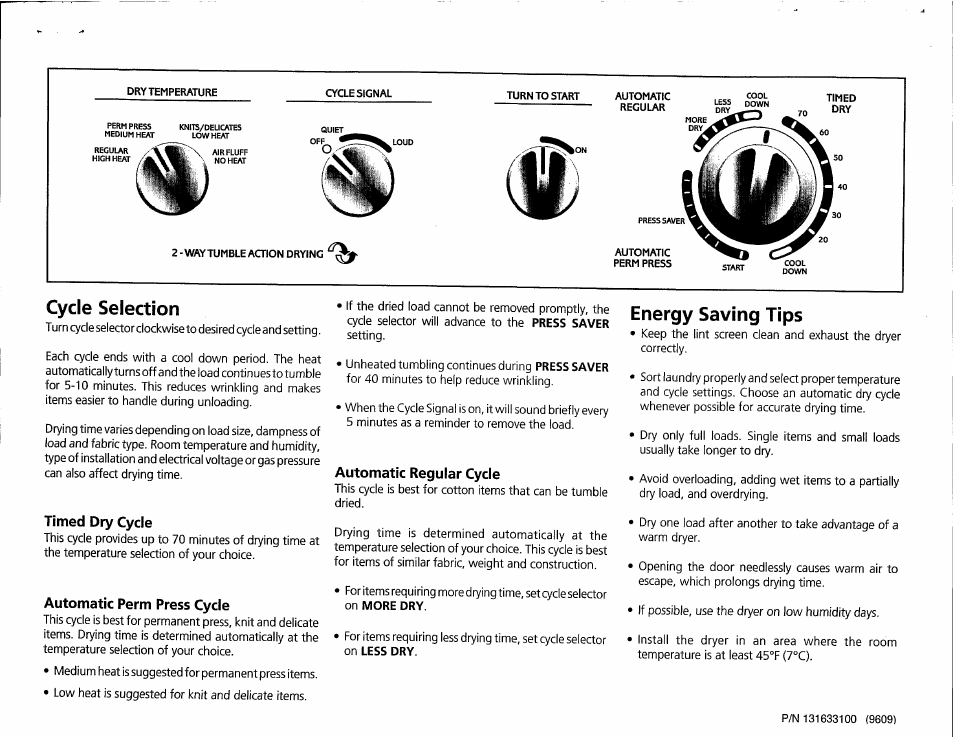 Timed dry cycle, Automatic perm press cycle, Automatic regular cycle | Cycle selection, Energy saving tips | FRIGIDAIRE FSEC/FSGC747GE User Manual | Page 2 / 6