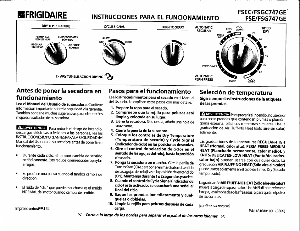 Bfrigidaire, Antes de poner la secadora en funcionamiento, Pasos para el funcionamiento | Selección de temperatura | FRIGIDAIRE FSEC/FSGC747GE User Manual | Page 3 / 6