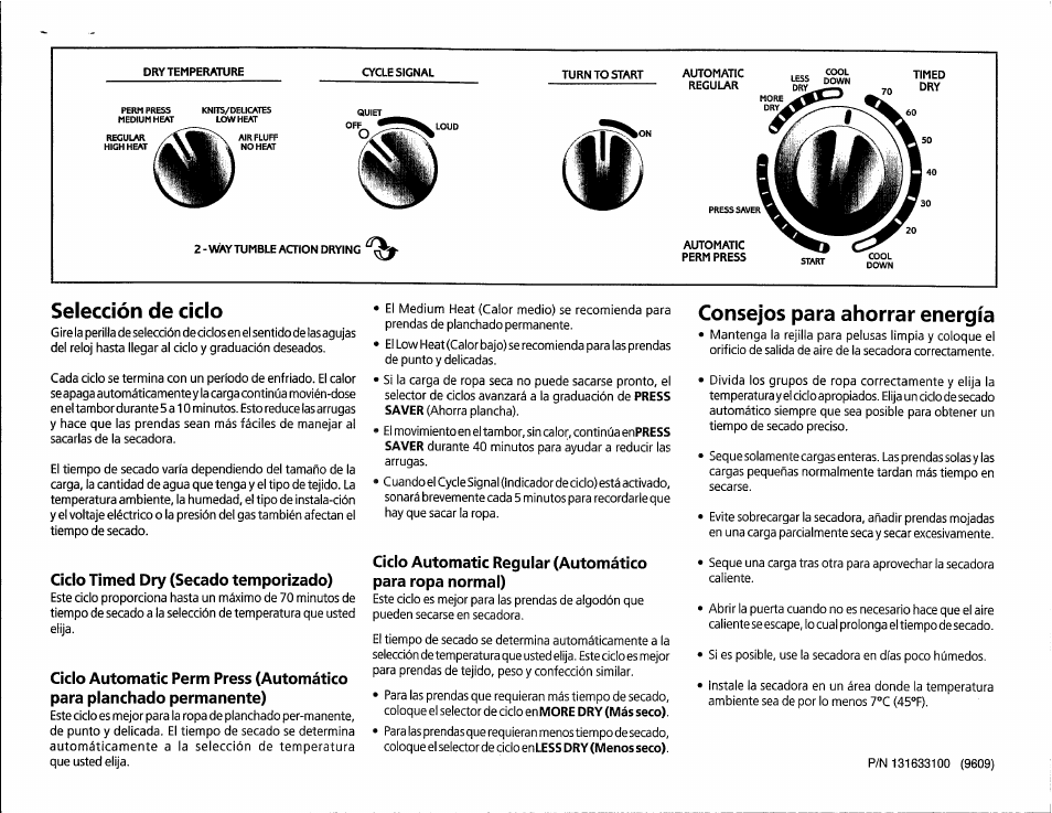 Ciclo timed dry (secado temporizado), Selección de ciclo, Consejos para ahorrar energía | FRIGIDAIRE FSEC/FSGC747GE User Manual | Page 4 / 6