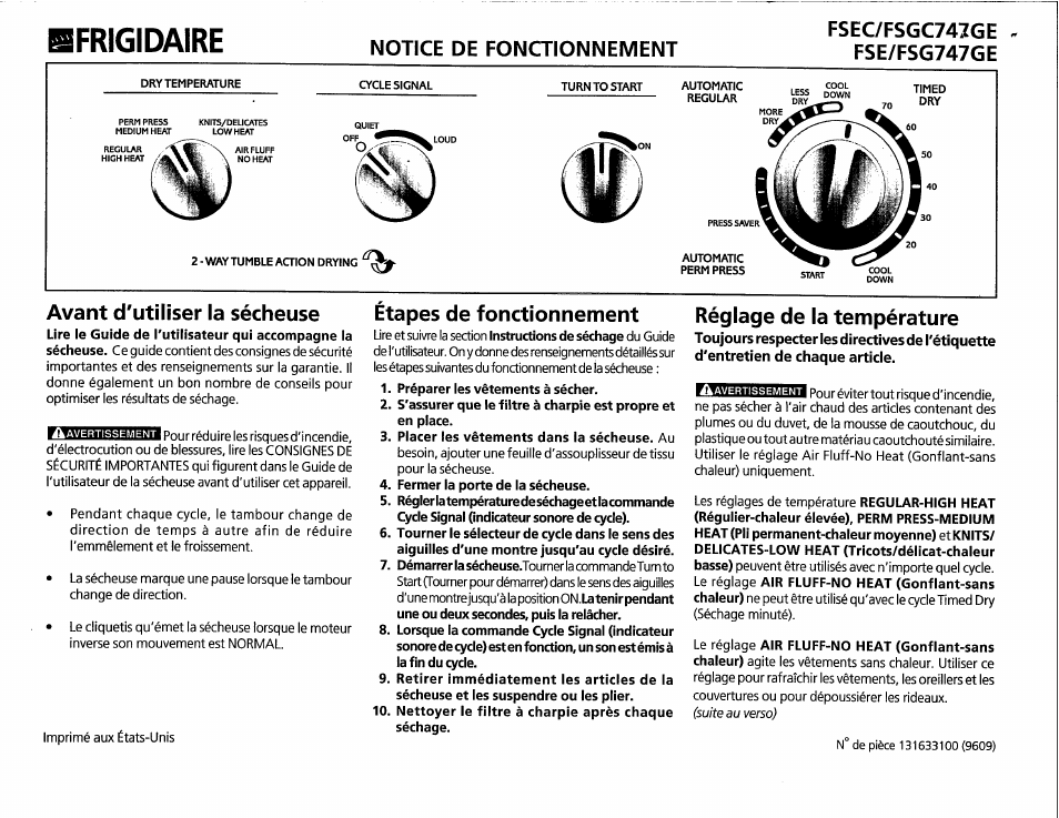 Bfrigidaire, Avant d'utiliser la sécheuse, Étapes de fonctionnement | Réglage de la température | FRIGIDAIRE FSEC/FSGC747GE User Manual | Page 5 / 6