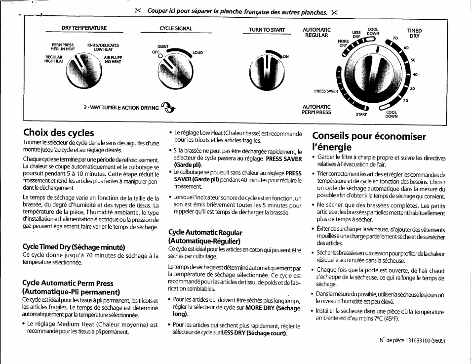 Cycle timed dry (séchage minuté), Cyde automatic regular (automatique-régulier), Choix des cycles | Conseils pour économiser l'énergie | FRIGIDAIRE FSEC/FSGC747GE User Manual | Page 6 / 6
