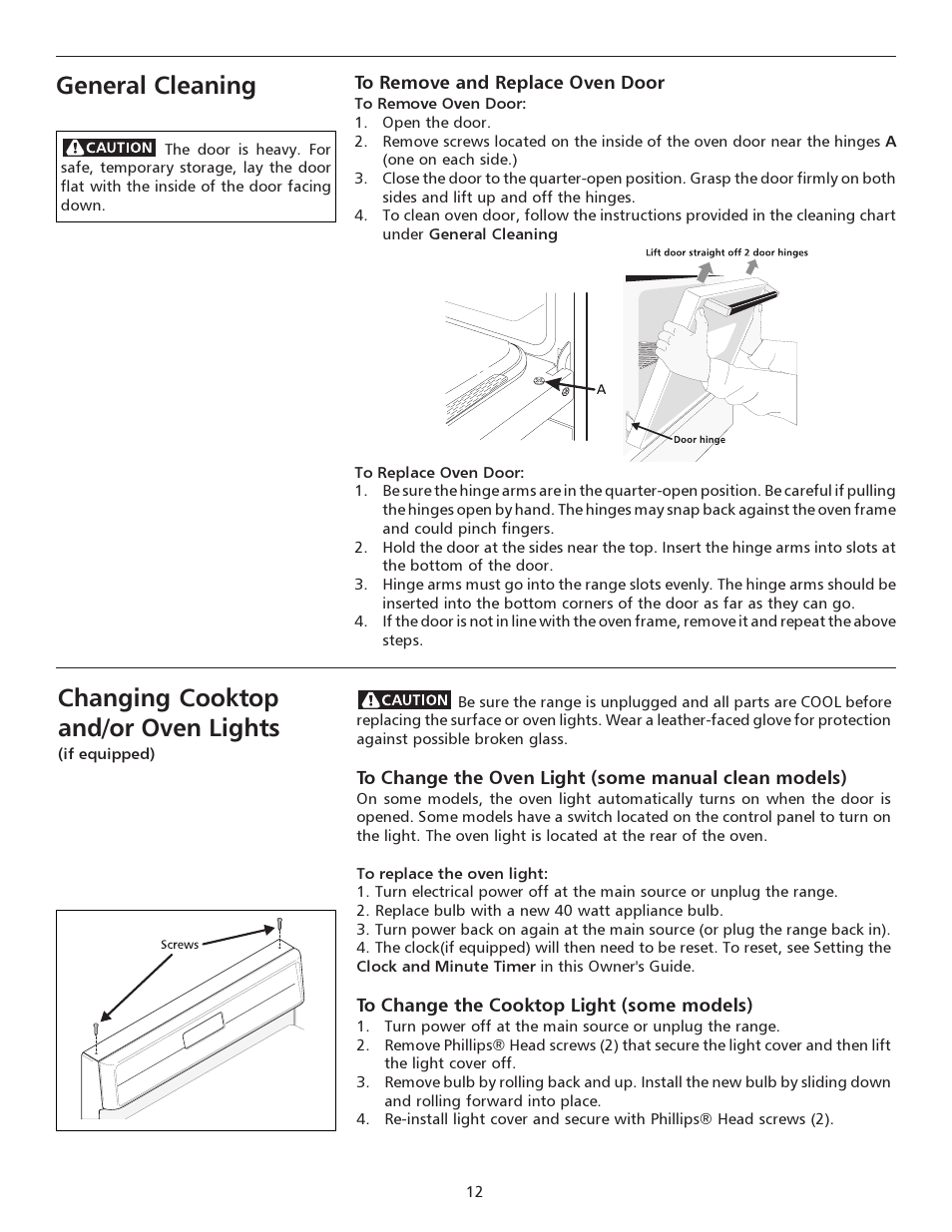 General cleaning, Changing cooktop and/or oven lights | FRIGIDAIRE 316135928 User Manual | Page 12 / 16